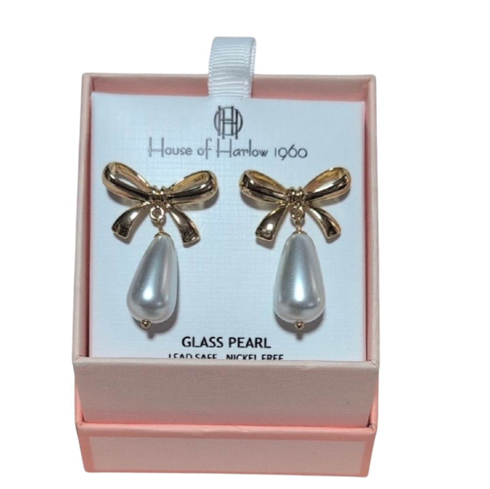 House of Harlow 1960 Gold Bow Earrings with Silver Pearls